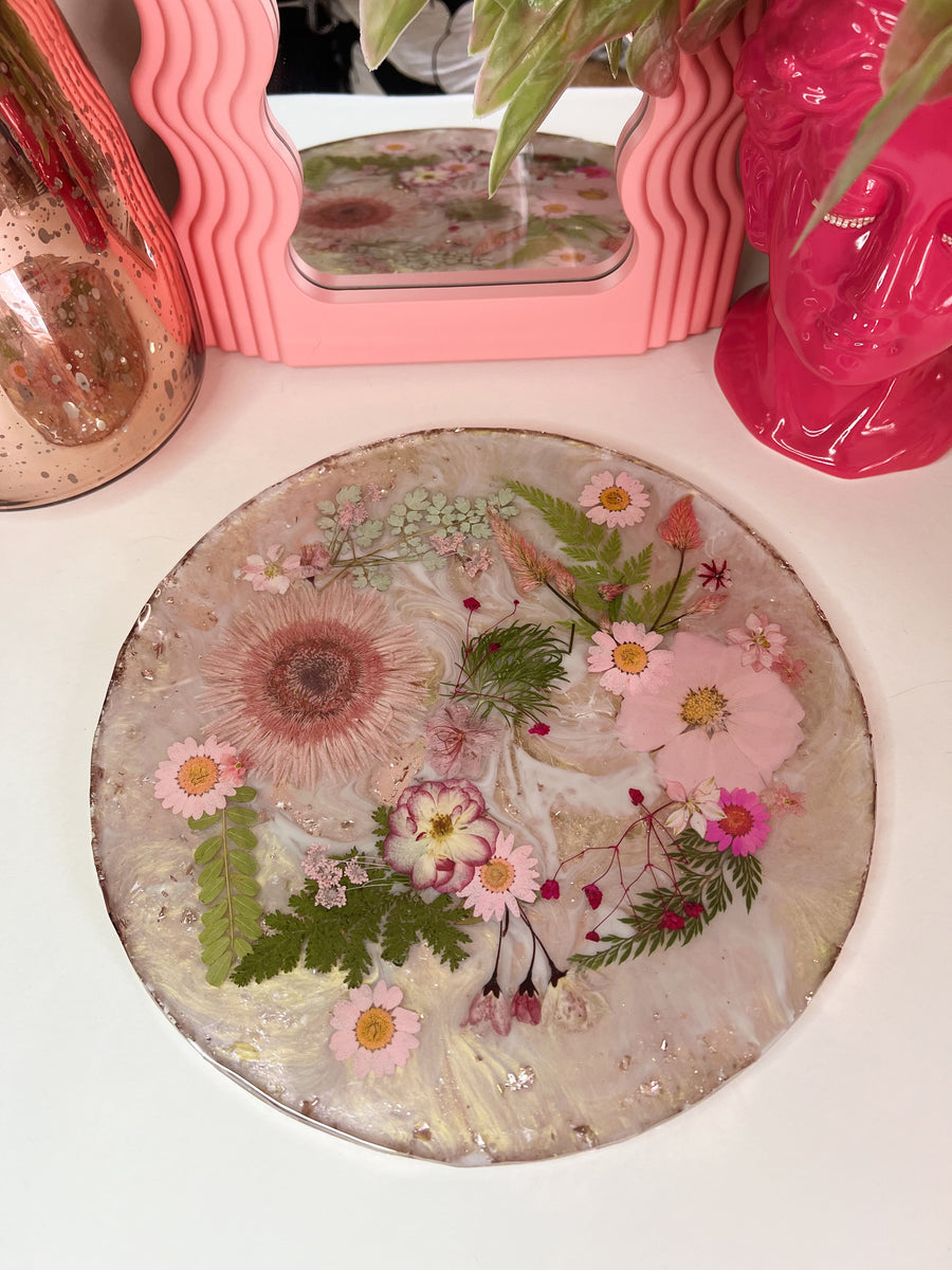 Pink Foil Backed Pink Floral Round Brie Board