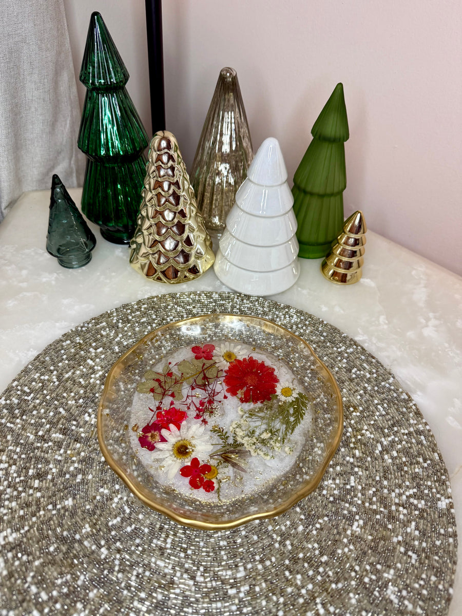 “Snowfall Red Floral” Artisan Round Tray