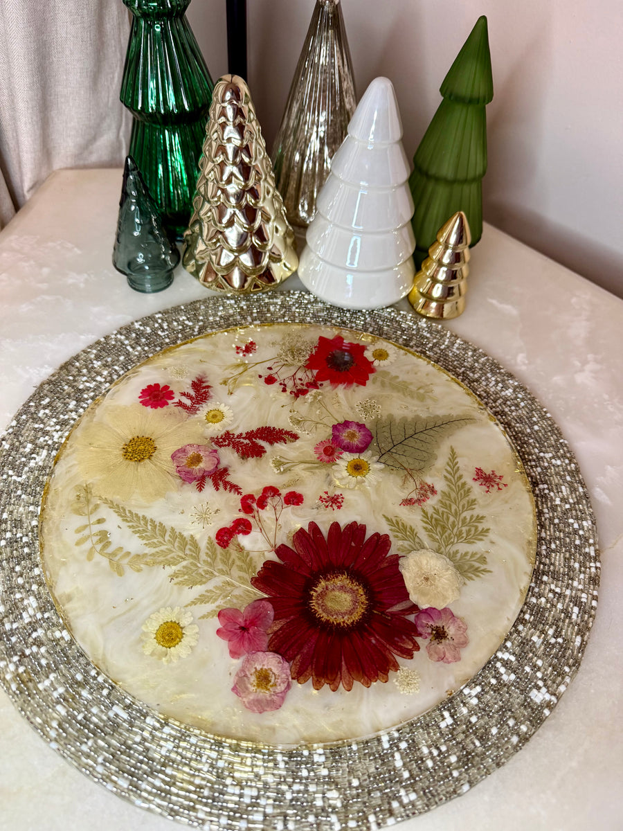 “Gold + Red Floral Holiday” Round Brie Board
