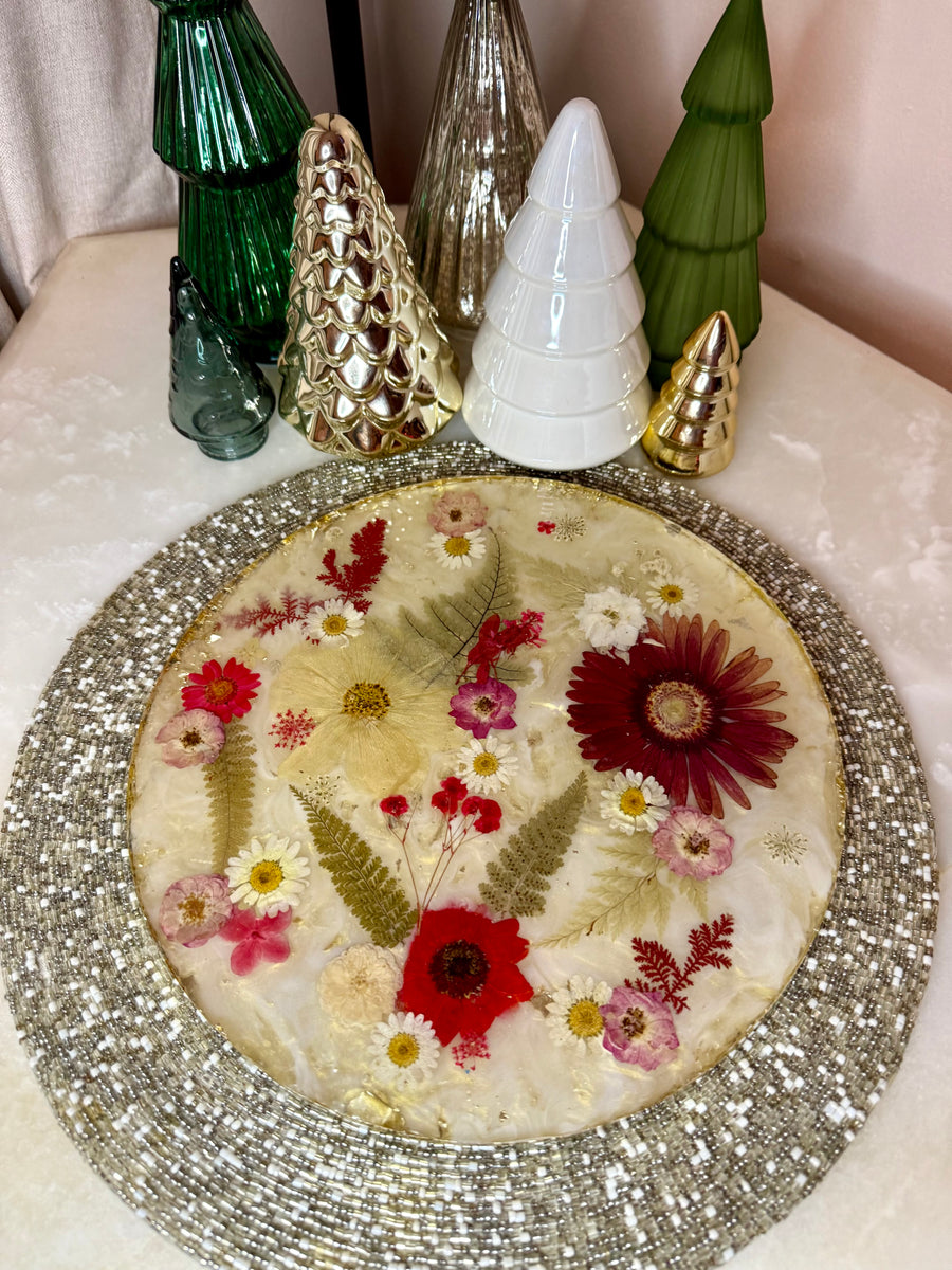 “Gold + Red Floral Holiday” Round Brie Board