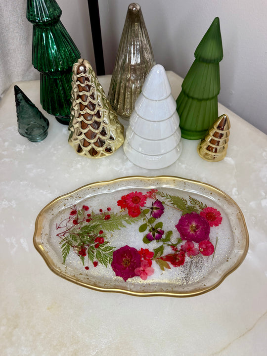 “Red Snowfall Floral” Artisan Long Tray