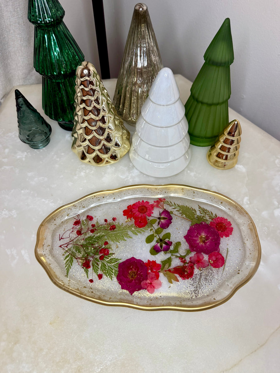 “Red Snowfall Floral” Artisan Long Tray
