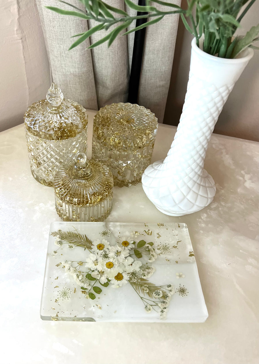 White Floral Rectangular Chevre Board
