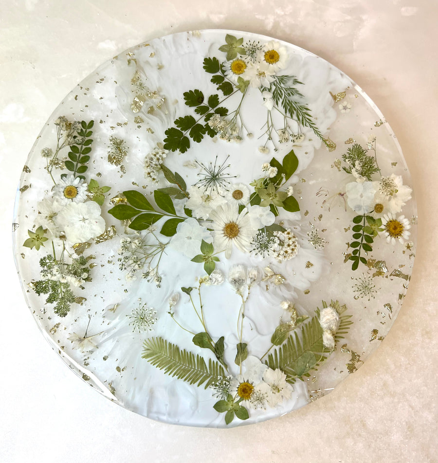 White Floral Round Brie Board