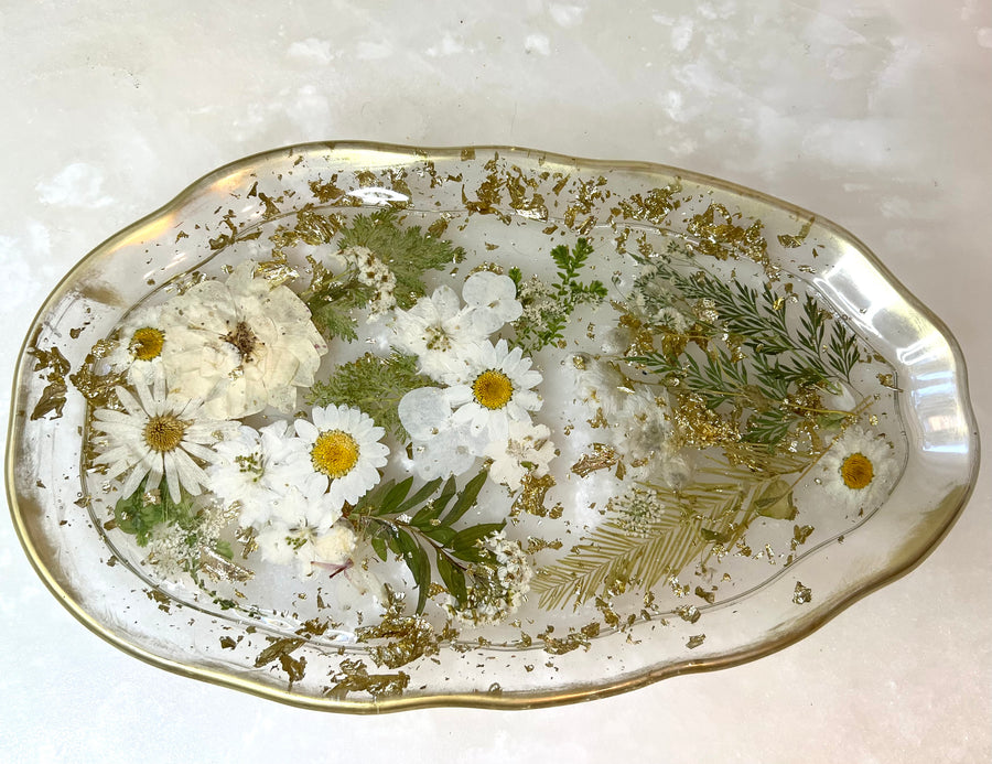 White Floral Artisan Long Tray