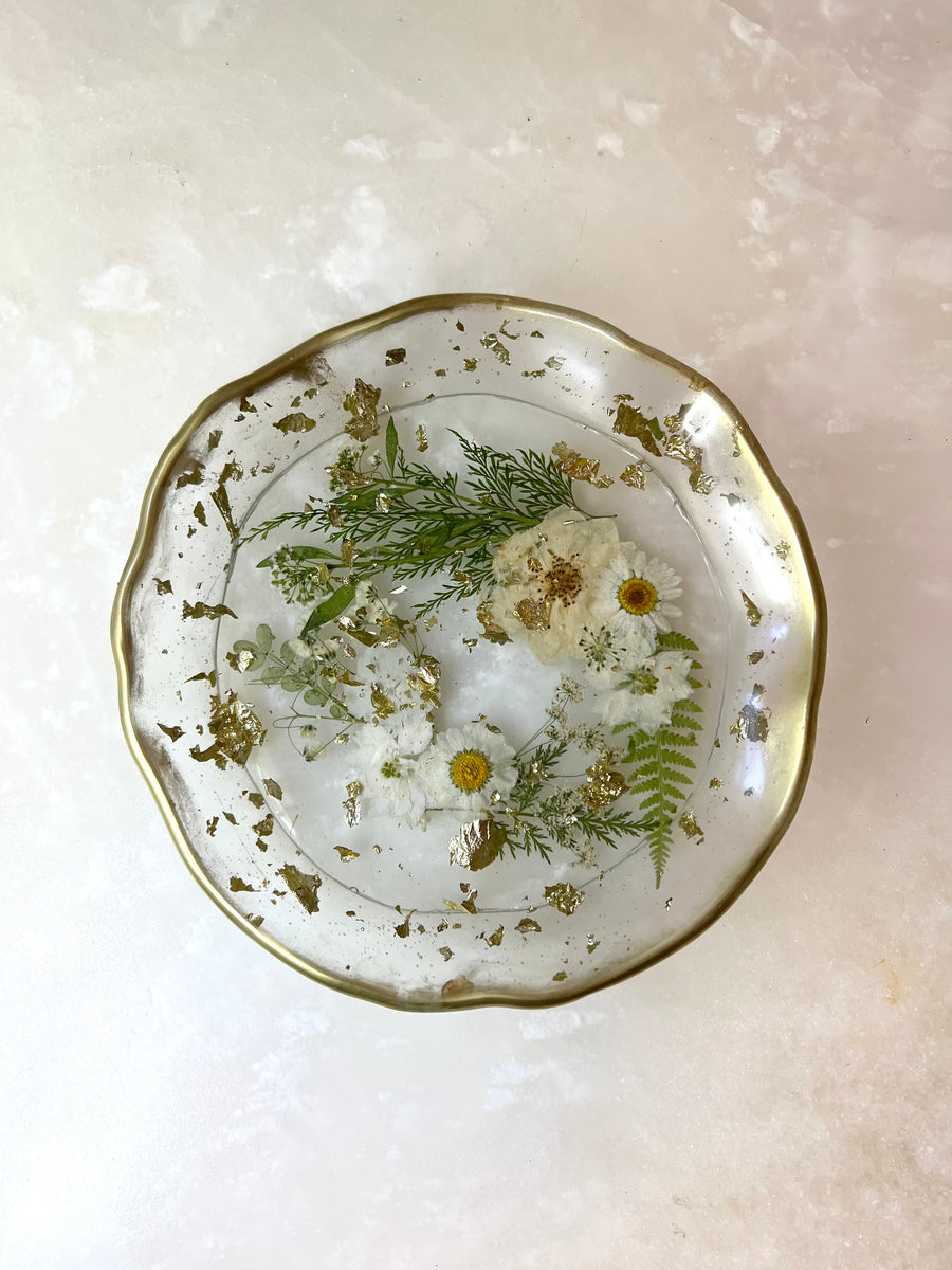 White Floral Artisan Round Tray