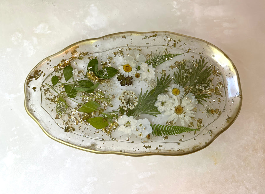 White Floral Artisan Long Tray