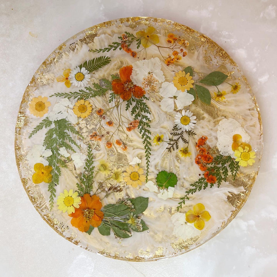 Gold Backed Orange Floral Round Brie Board