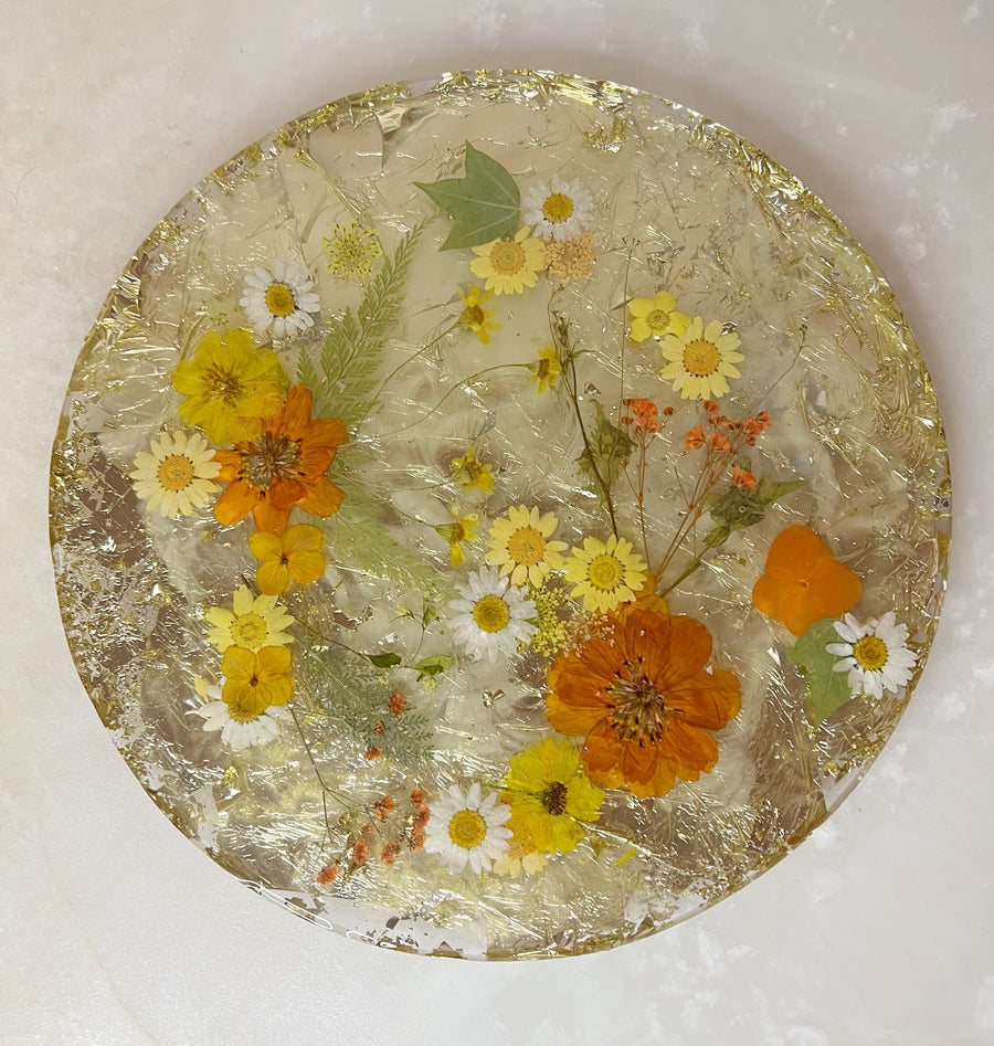 Gold Backed Orange Floral Round Brie Board